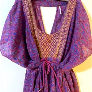 Free People Large Blouse Embroidered Paisley Cut Out Tassel Drawstring